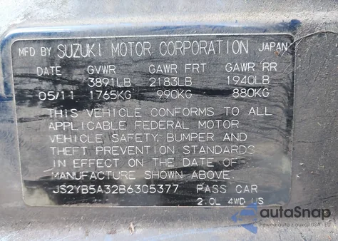 2011 Suzuki Sx4 Premium/Tech Valu Pkg (Nav) z USA, uszkodzony, nr VIN JS2YB5A32B6305377